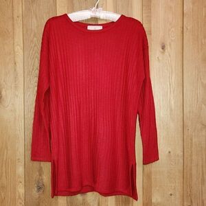 Express Crew Neck Long Sleeve Tunic Oversized  Ribbed Sweater, XS, Red